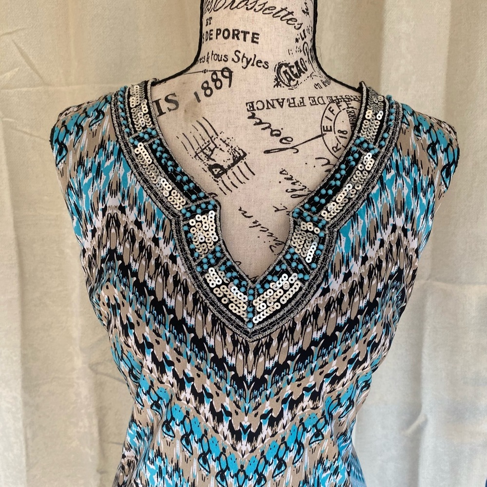 Blue and Black Patterned Sleeveless Dress